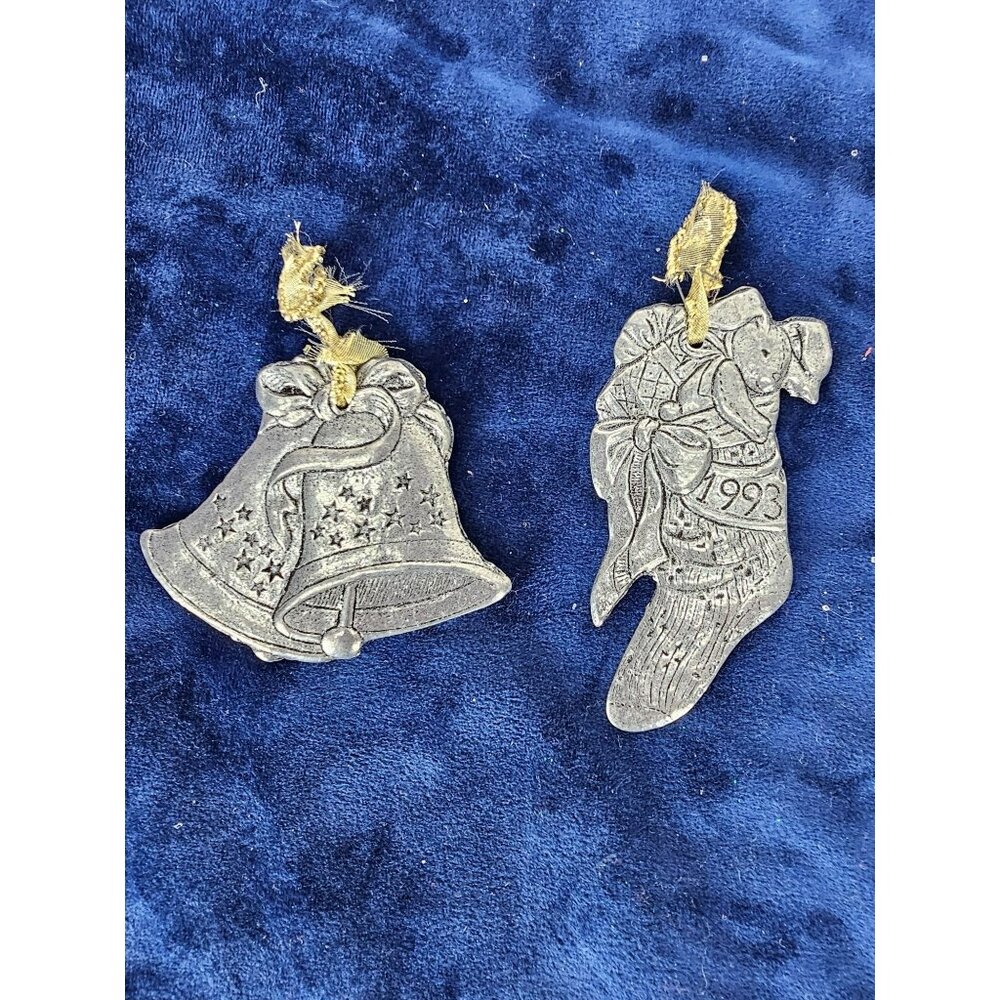 Vintage Silver Bells And Silver Stocking Set of Two Christmas Ornaments